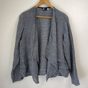 Fenini Women's Sz L 100% Linen Coastal Lagenlook Gray Open Front Cardigan